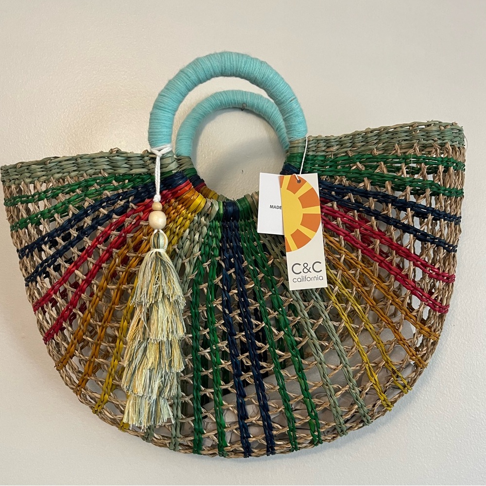 C & C Anthro Natural Straw Tote Bag Rainbow